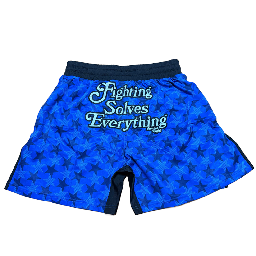 FIGHTING SOLVES EVERYTHING FIGHT SHORTS BLUE