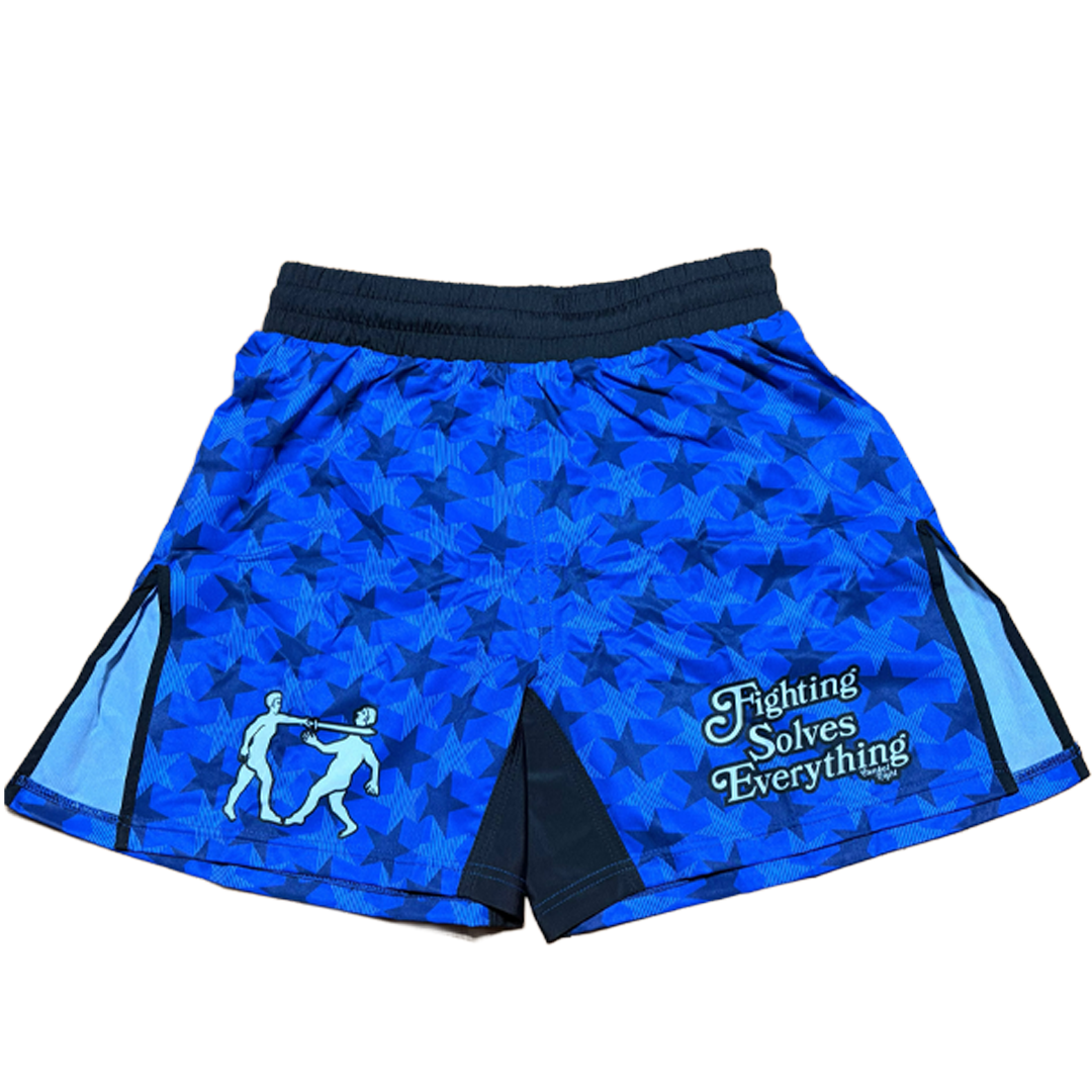 FIGHTING SOLVES EVERYTHING FIGHT SHORTS BLUE