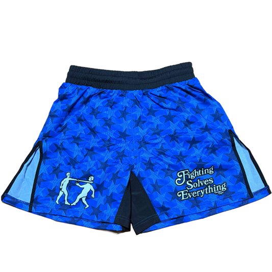 FIGHTING SOLVES EVERYTHING FIGHT SHORTS BLUE