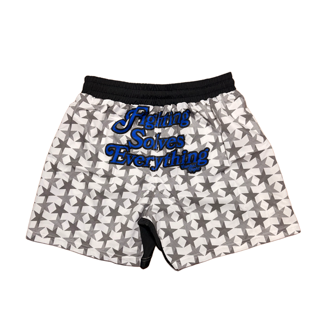 FIGHTING SOLVES EVERYTHING FIGHT SHORTS WHITE