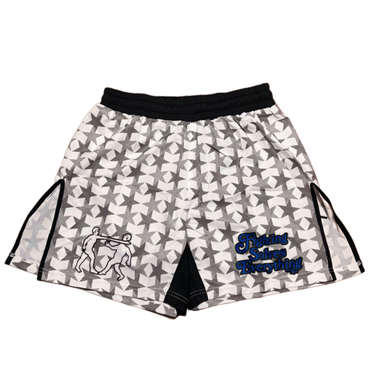 FIGHTING SOLVES EVERYTHING FIGHT SHORTS WHITE